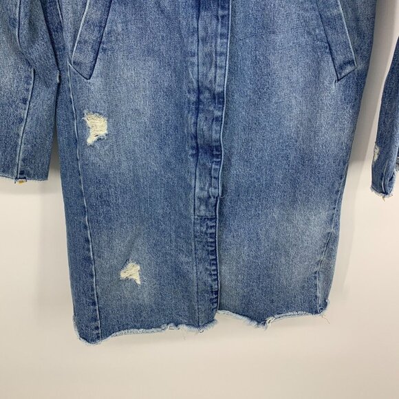 Zara Trench Coat Blue Distressed Denim Button Snap Fray Jacket - Picture 8 of 14